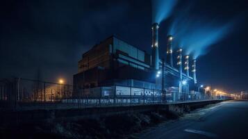 kol kraft station och natt blå himmel, generativ ai foto