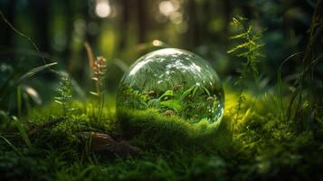 glas klot på gräs mossa i skog - grön planet med abstrakt defocused bokeh lampor - miljö- bevarande begrepp, generativ ai foto