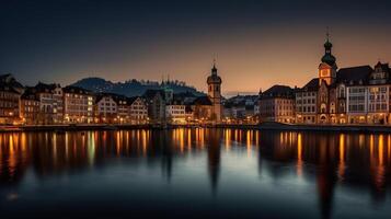 naturskön kväll panorama se av de gammal stad, dramatisk scen med flod och jesuit kyrka. underbar levande stadsbild under solnedgång, generativ ai foto