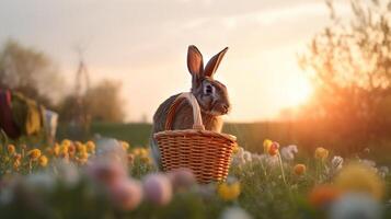 påsk kanin med en korg av ägg. Lycklig påsk kanin på en kort på deras hind ben med blommor, generativ ai foto