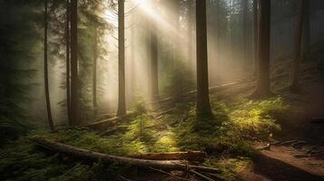 naturlig skog av gran träd, solstrålar genom dimma skapa mystiker atmosfär, generativ ai foto