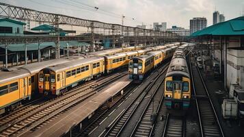 tåg station med rör på sig tåg massa transport, generativ ai foto