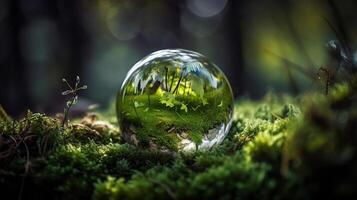 glas klot på gräs mossa i skog - grön planet med abstrakt defocused bokeh lampor - miljö- bevarande begrepp, generativ ai foto