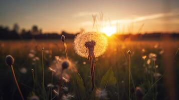 skön maskros fält med flygande frön på solnedgång, generativ ai foto