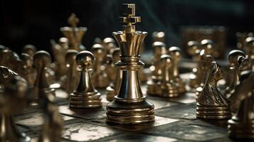 guld drottning schack omgiven förbi en siffra av fallen silver- schack bitar, företag strategi begrepp, generativ ai foto