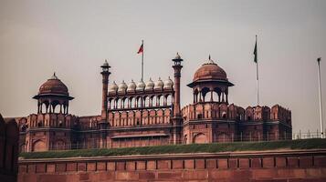 webbplats arv värld en himmel lynnig med solnedgång på hög flygande flagga Indien med delhi fort röd, generativ ai foto