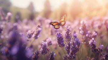 blomstrande lavendel- blommor och flygande fjäril i sommar morgon- bakgrund . lila växande lavendel- panorama- se, generativ ai foto