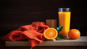 sommar orange juice och handduk av röd, generativ ai foto