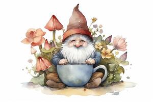 trädgård gnome med kaffe råna och blommor vattenfärg illustration kaffe älskare. ai genererad foto