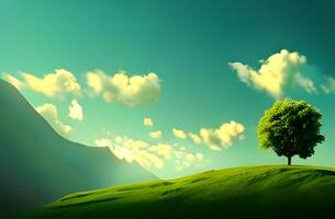 träd i en fält med en grön bakgrund och en blå himmel Foto ai genererad