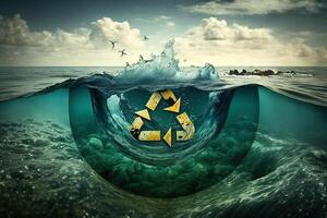 återvinna symbol i de hav. generativ ai grön energi begrepp, Nej Mer skräp och plast i hav. spara de hav från sopor. skyddande de oceaner och hav. eco kraft foto