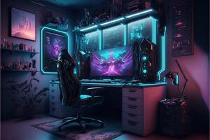 spektakulär gaming rum interiör, gaming pc, gaming skrivbord, spel uppstart rum, tv, skrivbord för fem människor, futuristisk, led lampor, cyberpunk Färg. generativ ai foto