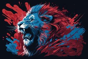 affisch av lejon rytande, abstrakt affisch av en farlig och kraftfull rytande manlig lejon. generativ ai. kreativ brand lågor konst måla kommande från de galen kung av de djungel. foto