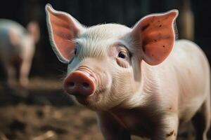 smågris med rosa öron på gris bruka höjning grisar. ai genererad foto