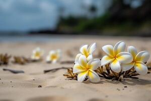 frangipani blommor på de sand med. ai genererad foto