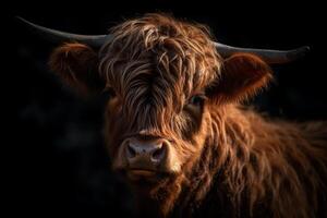 porträtt av högland ko kalv i skottland mörk färger. ai genererad foto