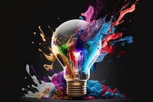 illustration av färgrik Glödlampa med stänk av färger på svart bakgrund. kreativitet, eureka, fantasi, inspiration. generativ ai. aning och lösning begrepp foto