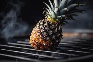 bbq grillad ananas på grill galler med brand närbild se sommar picknick utomhus teknologi. ai genererad foto