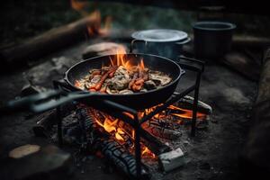 utomhus- matlagning på lägereld mat på brand bakgård grill. ai genererad foto
