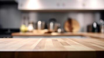 rengöra trä- bordsskiva med grumlig kök etablering. kreativ resurs, ai genererad foto