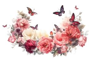 elegant blommig baner eller ram med fjärilar hibiskus ro och pioner isolerat på vit bakgrund blommig hälsning gräns färgrik vår blomma bakgrund Plats text. ai genererad foto