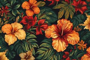 tropisk hawaiian mönster med hibiskus blommor och frodig vegetation idealisk exotisk bakgrunder. ai genererad foto