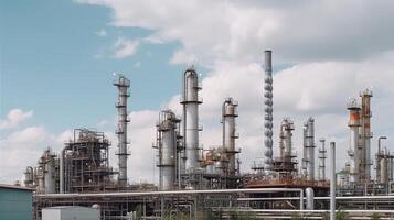 olja raffinaderi växt från industri zon, olja och gas petrokemiska mekanisk. kreativ resurs, ai genererad foto