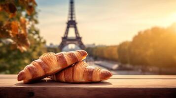 härlig franska croissanter på nostalgisk etablering av eiffel torn, paris. kreativ resurs, ai genererad foto