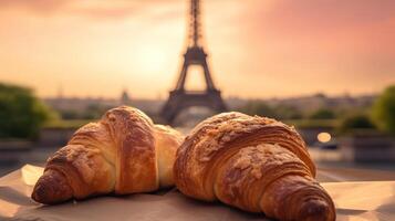 härlig franska croissanter på nostalgisk fundament av eiffel torn, paris. kreativ resurs, ai genererad foto