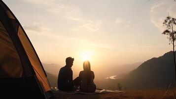 man och rikligt kvinna par uppskatta i de tält på de camping punkt med morgon- till Start med ljus ser. kreativ resurs, ai genererad foto
