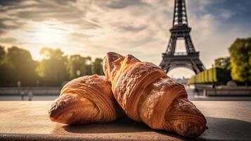 härlig franska croissanter på nostalgisk etablering av eiffel torn, paris. kreativ resurs, ai genererad foto