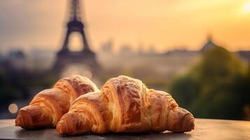 härlig franska croissanter på nostalgisk fundament av eiffel torn, paris. kreativ resurs, ai genererad foto