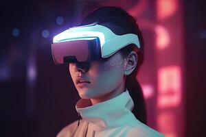 en kvinna bär en virtuell verklighet headset. ai genererad foto