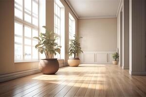 3d tolkning av modern tömma rum interiör växt pott parkett golv. ai genererad foto