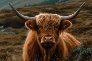högland ko med horn. ai genererad foto