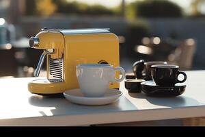 kaffe muggar och kaffe maskin på de utomhus- tabell. ai genererad foto
