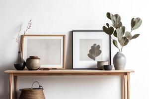 tömma horisontell ram attrapp i modern minimalistisk interiör med växt i trendig vas på vit vägg bakgrund mall konstverk målning Foto eller affisch. ai genererad