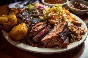texas stil utegrill kött maträtt. ai genererad foto
