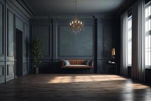 årgång modern interiör av levande rum tömma rum mörk grå vägg och trä golv 3d tolkning. ai genererad foto