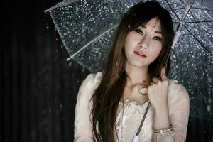ensam kinesisk flicka med regn droppar och transparent paraply foto