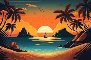 tropisk strand med hav solnedgång och handflatan träd, tecknad serie sommar se, illustration med sommar bakgrund, generativ ai foto