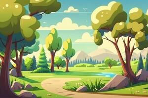 tecknad serie stil illustration grön landskap väg ledande till träd och berg, sommar semester bakgrund, generativ ai foto