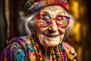 porträtt av ett gammal leende mormor bär solglasögon. de ungdom av de själ. generativ ai foto