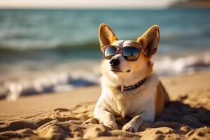 en hund bär solglasögon på de strand. generativ ai foto