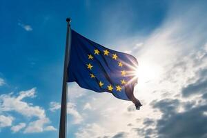 de flagga av de europeisk union mot de blå himmel. generativ ai foto
