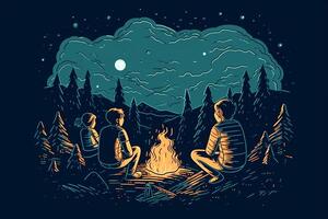 familj turist läger, en grupp av människor på natt förbi de brand. generativ ai foto