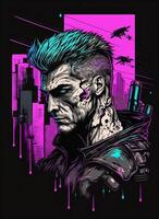 cyberpunk t skjorta design. illustration av en färgad tekniskt fel. ai genererad foto