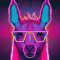 Häftigt neon fest lama i solglasögon. generativ ai. inte baserad på några faktisk scen foto