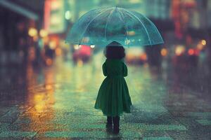 flicka med paraply under regn, natt stad lampor. ai genererad konst foto