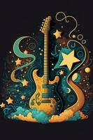 Land musik festival affisch med elektrisk gitarr och stjärnor. ai foto